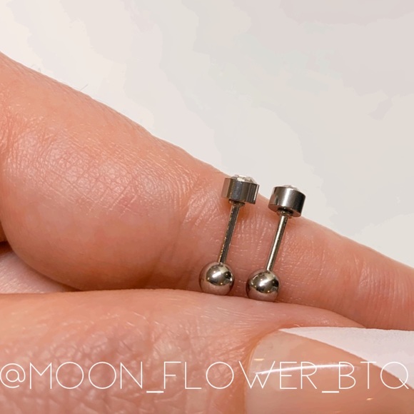 Tiny CZ Ball Back Barbell Earrings - Picture 5 of 8